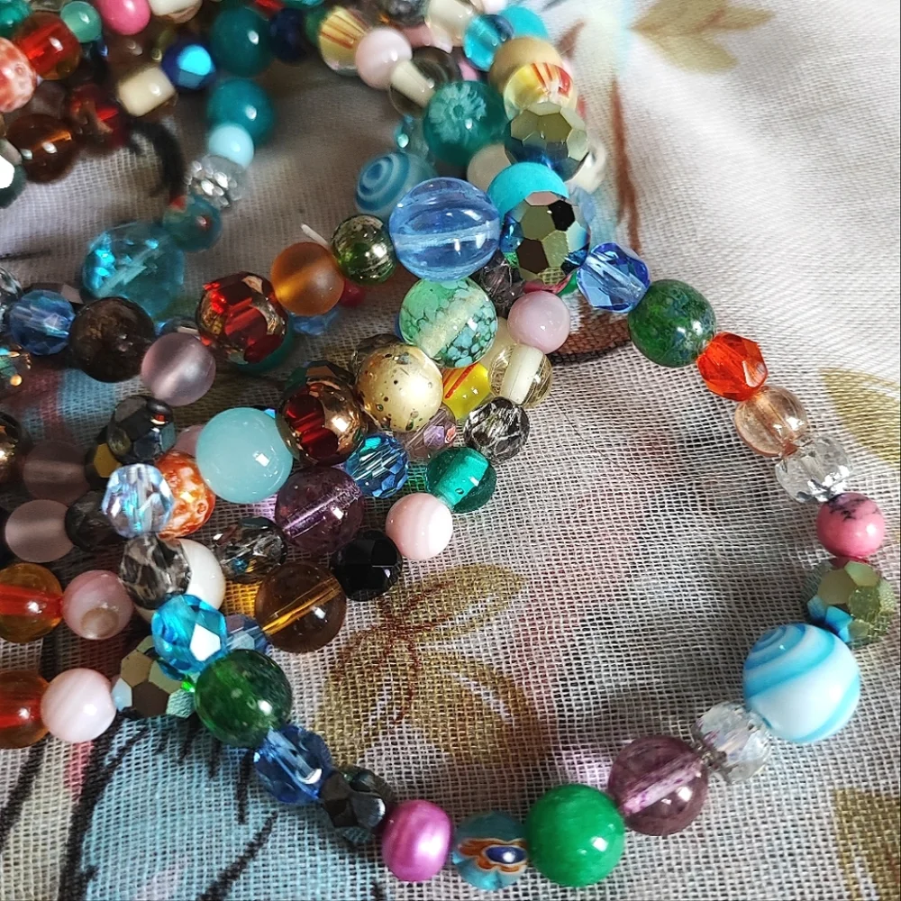 3 Pieces Set Faceted Art Glass Beads Vintage 2 Necklaces Bracelet Multi Colored